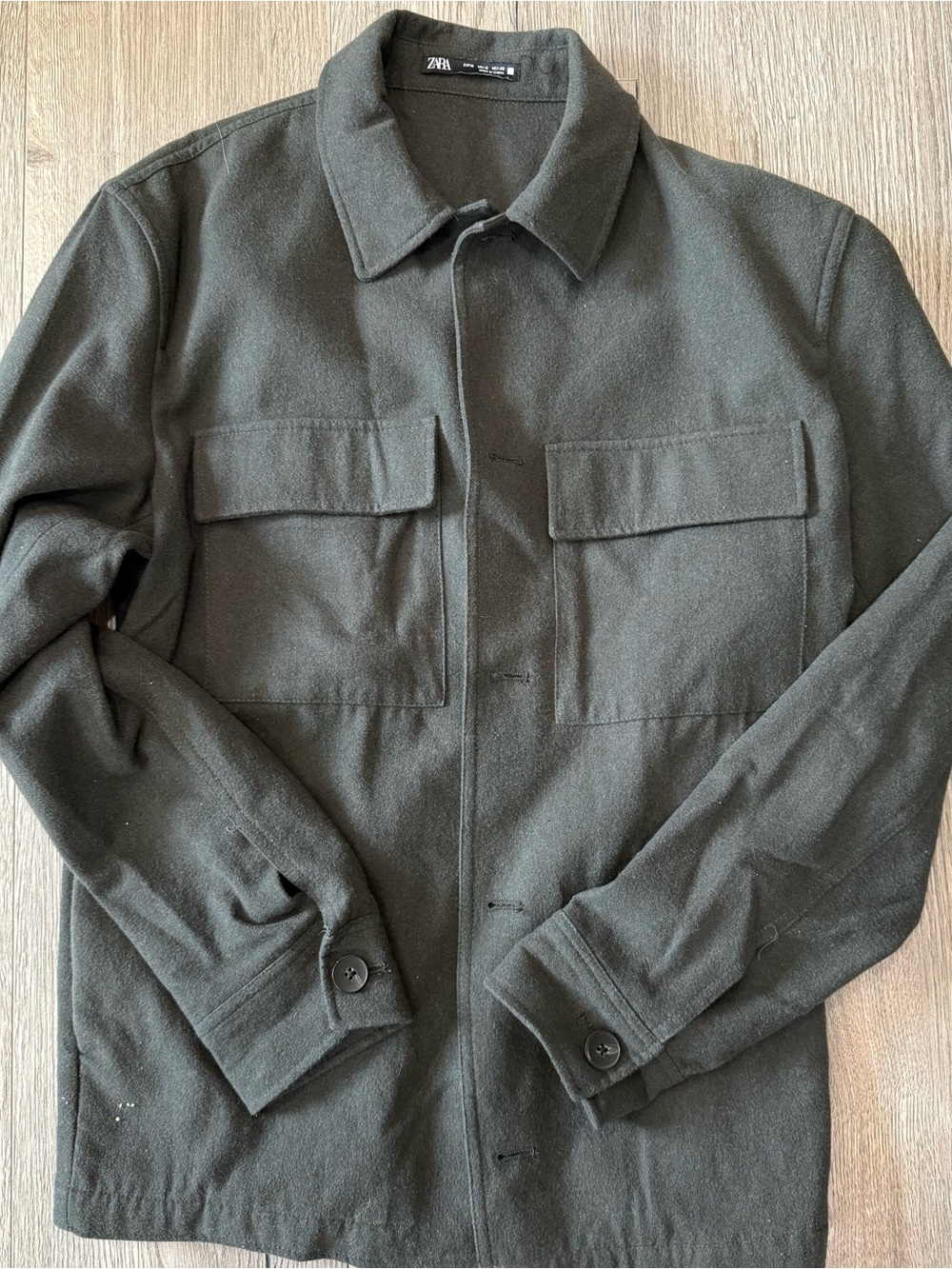 Zara Men’s Medium Dark Olive Wool-Blend Utility Jacket Overshirt - Excellent